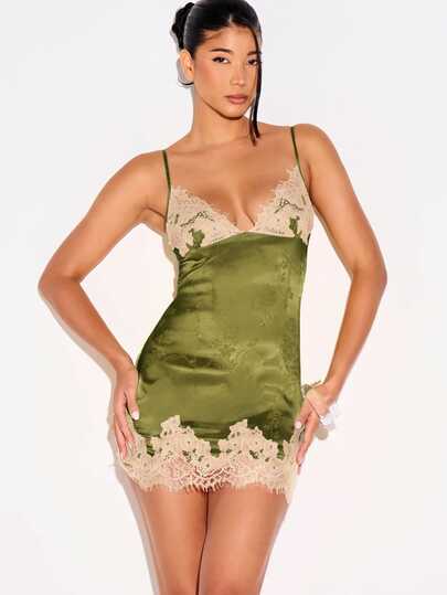 KIZN Satin Jacquard Mini Slip Dress With Eyelash Lace Trim V-Neck Adjustable Straps Valentine Date Night Party