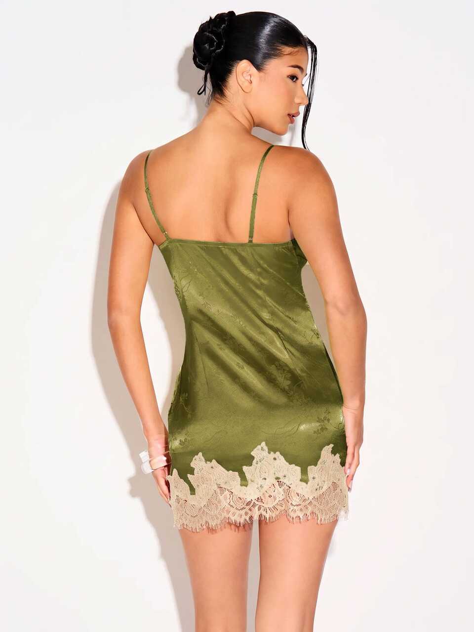 KIZN Satin Jacquard Mini Dress With Lace Trim