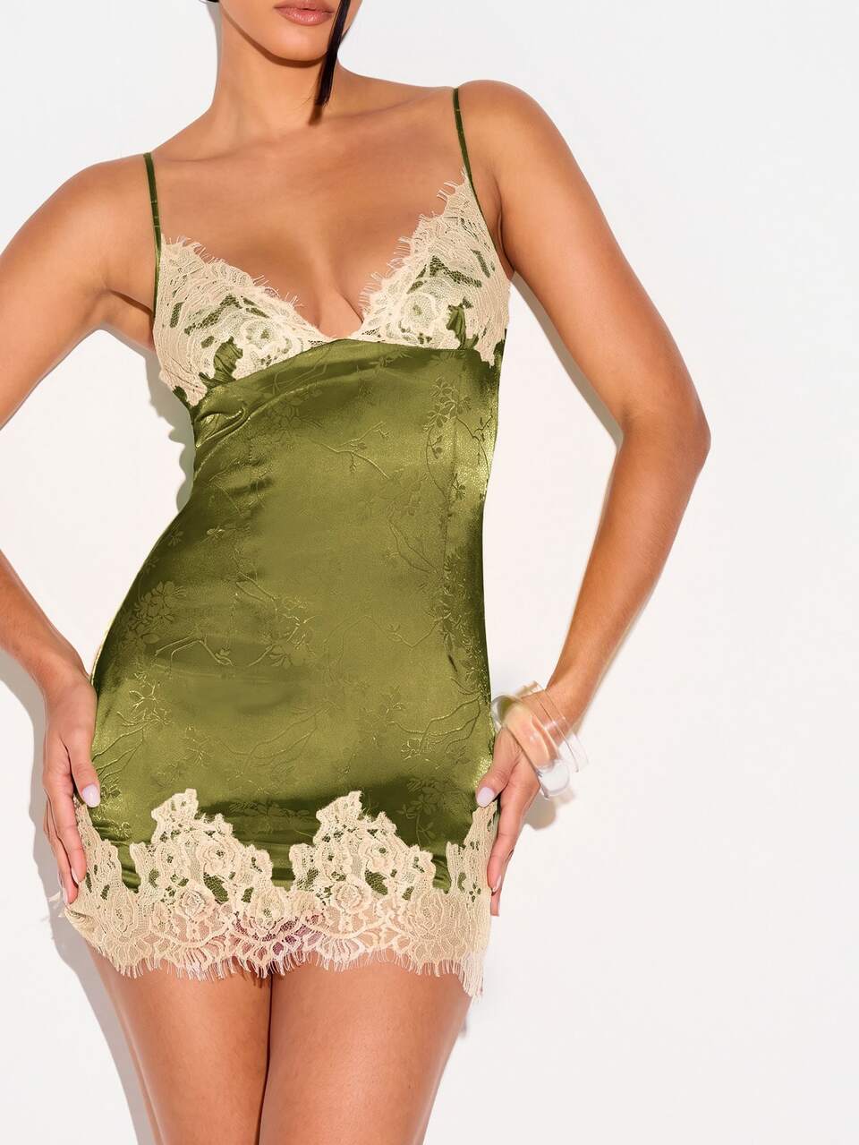 KIZN Satin Jacquard Mini Dress With Lace Trim
