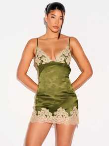 KIZN Satin Jacquard Mini Slip Dress With Eyelash Lace Trim V-Neck Adjustable Straps Valentine Date Night Party - Green - View 4