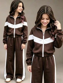 SHEIN 女童 2 件套：拼色棕色與白色拉鍊外套（附刺繡蝴蝶結）+ 鬆緊腰長褲，秋季穿搭，秋季校園運動 80 年代風 - 棕色 - 查看 8