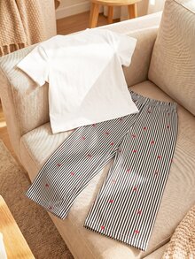 SHEIN Elladie kids 女童春夏休閒時尚新款T恤套裝，正面美式復古數字圖案印花，羅紋圓領，插肩袖T恤上衣搭配休閒長褲，2件套，適合女童美式復古高端極簡休閒舒適甜酷穿搭，適用日常穿著、上學、外出、度假、運動、派對、節日，春夏 - 黑與白 - 查看 2