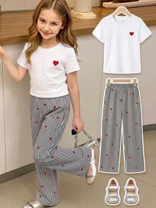 SHEIN Elladie kids 女童春夏休閒時尚新款T恤套裝，正面美式復古數字圖案印花，羅紋圓領，插肩袖T恤上衣搭配休閒長褲，2件套，適合女童美式復古高端極簡休閒舒適甜酷穿搭，適用日常穿著、上學、外出、度假、運動、派對、節日，春夏 - 黑與白 - 查看 6