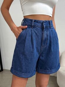 SHEIN 女款百褶寬鬆休閒百搭牛仔短褲 - 藍色 - 查看 3
