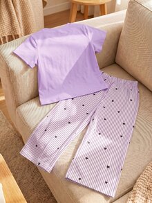 SHEIN Elladie kids 女童春夏休閒時尚新款T恤套裝，正面美式復古數字熱轉印圖案，羅紋圓領，插肩袖T恤上衣搭配休閒長褲，2件套，適合女童美式復古高級簡約休閒舒適甜酷穿搭，適用日常穿著、上學、出遊、度假、日常運動、參加派對、節日，春夏穿搭 - 紫色 - 查看 3