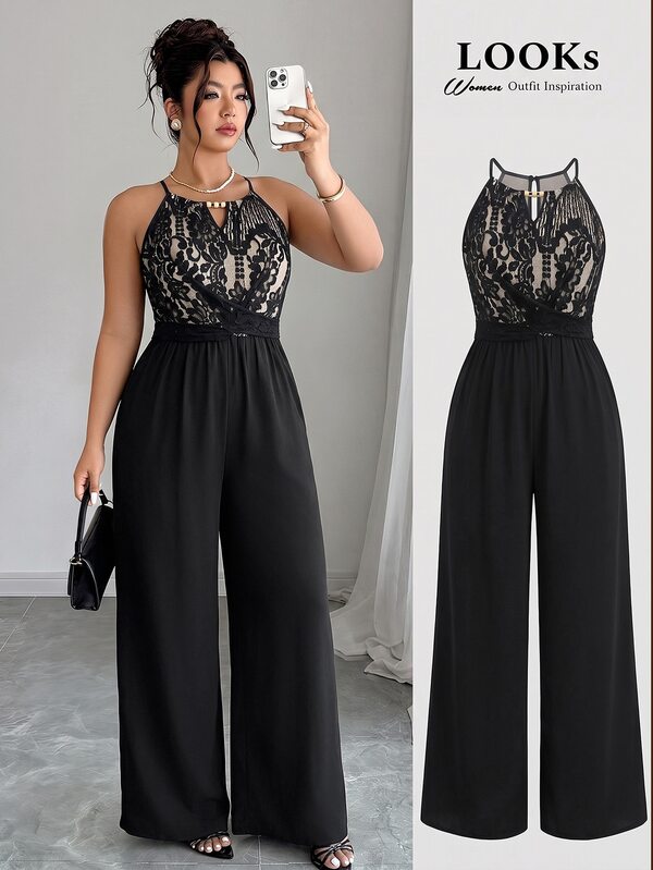 Elenzga Plus Size Women's Spring/Summer Colorblock Lace Patchwork Elegant Commute Jumpsuit