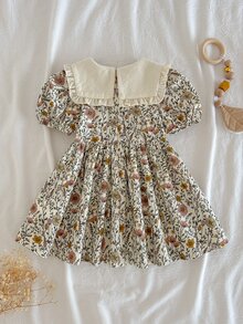 SHEIN Young Girl Young Girl Woven Floral Petal Sleeve Patchwork Contrast Color Peter Pan Collar Ruffle Casual Dress - Multicolor - View 2