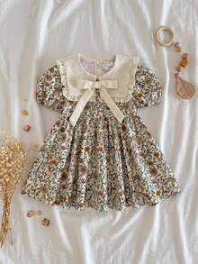 SHEIN Young Girl Young Girl Woven Floral Petal Sleeve Patchwork Contrast Color Peter Pan Collar Ruffle Casual Dress - Multicolor - View 4