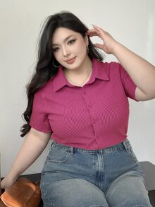 Dazy Plus 加大码纹理面料修身短袖 T 恤，春夏女装，女式短款上衣 - 西瓜粉 - 查看 4