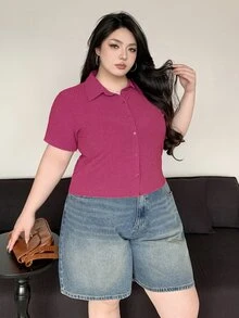 Dazy Plus 加大码纹理面料修身短袖 T 恤，春夏女装，女式短款上衣 - 西瓜粉 - 查看 3