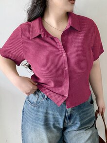 Dazy Plus 加大码纹理面料修身短袖 T 恤，春夏女装，女式短款上衣 - 西瓜粉 - 查看 1