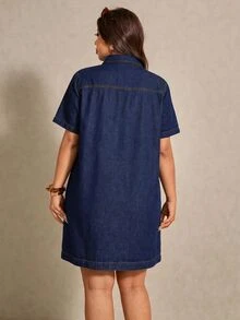 Elaquor 大尺碼女款領口傳統日常牛仔洋裝，通勤、秋季、派對、約會、度假、優雅、節日、慶典，海軍藍 - 藍色 - 查看 3
