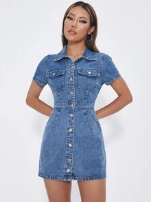 Plus Size Front Button Short Sleeve Blue Dress Formal Vacation Autumn Casual Loose Fit - Blue - View 5