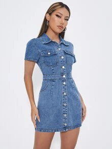 Plus Size Front Button Short Sleeve Blue Dress Formal Vacation Autumn Casual Loose Fit - Blue - View 4