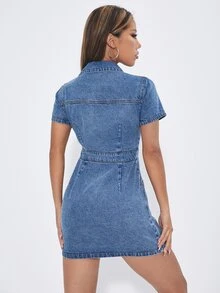 Plus Size Front Button Short Sleeve Blue Dress Formal Vacation Autumn Casual Loose Fit - Blue - View 2
