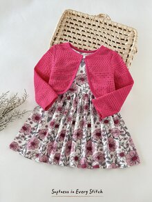 Cozy Pixies 女嬰純色針織柔軟圓領長袖開襟上衣與花卉圖案圓領無袖收腰洋裝2件套 - 彩色 - 查看 4