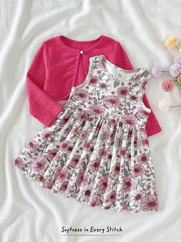 Cozy Pixies Bộ 2 món cho bé gái gồm áo cardigan dệt kim mềm màu trơn cổ tròn tay dài và váy sát nách cổ tròn họa tiết hoa chiết eo - Nhiều màu - Xem 5