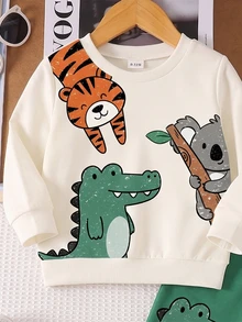 1 Set Young Boy Outfit, Cute Casual Animal Pattern Print Crew Neck Long Sleeve Ribbed Sweatshirt With Matching Pattern Print Long Sweatpants, Suitable For Autumn/Winter Outdoor Activities - Multicolor - View 4