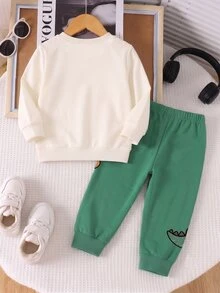 1 Set Young Boy Outfit, Cute Casual Animal Pattern Print Crew Neck Long Sleeve Ribbed Sweatshirt With Matching Pattern Print Long Sweatpants, Suitable For Autumn/Winter Outdoor Activities - Multicolor - View 2
