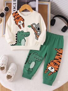 1 Set Young Boy Outfit, Cute Casual Animal Pattern Print Crew Neck Long Sleeve Ribbed Sweatshirt With Matching Pattern Print Long Sweatpants, Suitable For Autumn/Winter Outdoor Activities - Multicolor - View 1