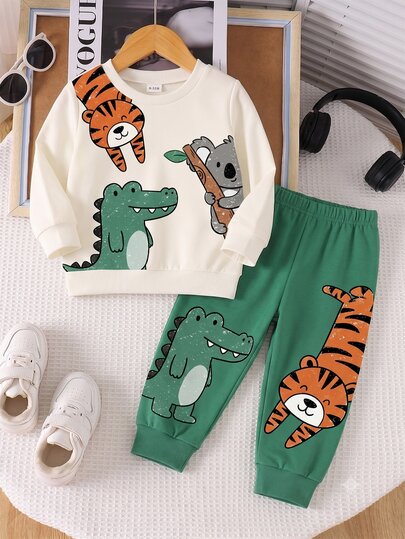 1 set tenue pour jeune garçon, sweat-shirt à col rond à manches longues côtelé avec imprimé motif animal mignon et décontracté, avec pantalon de survêtement long assorti à imprimé motif, convient pour les activités extérieures en automne/hiver
