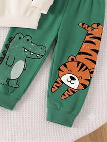 1 Set Young Boy Outfit, Cute Casual Animal Pattern Print Crew Neck Long Sleeve Ribbed Sweatshirt With Matching Pattern Print Long Sweatpants, Suitable For Autumn/Winter Outdoor Activities - Multicolor - View 3