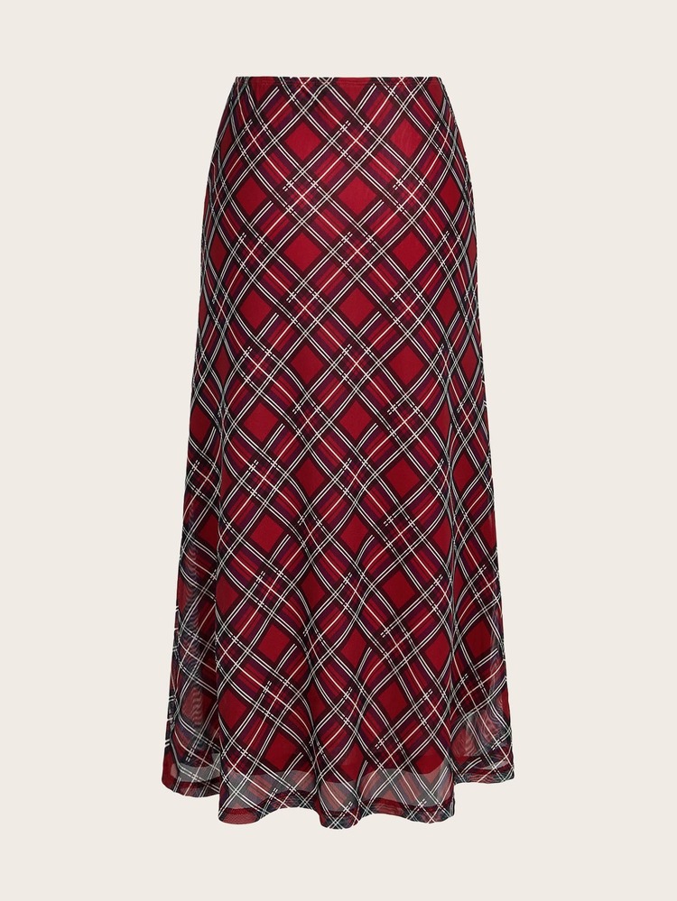 SHEIN x Luisa Sonza SHEIN Qutie Plaid Print Mesh Skirt For Women - Red - View 2