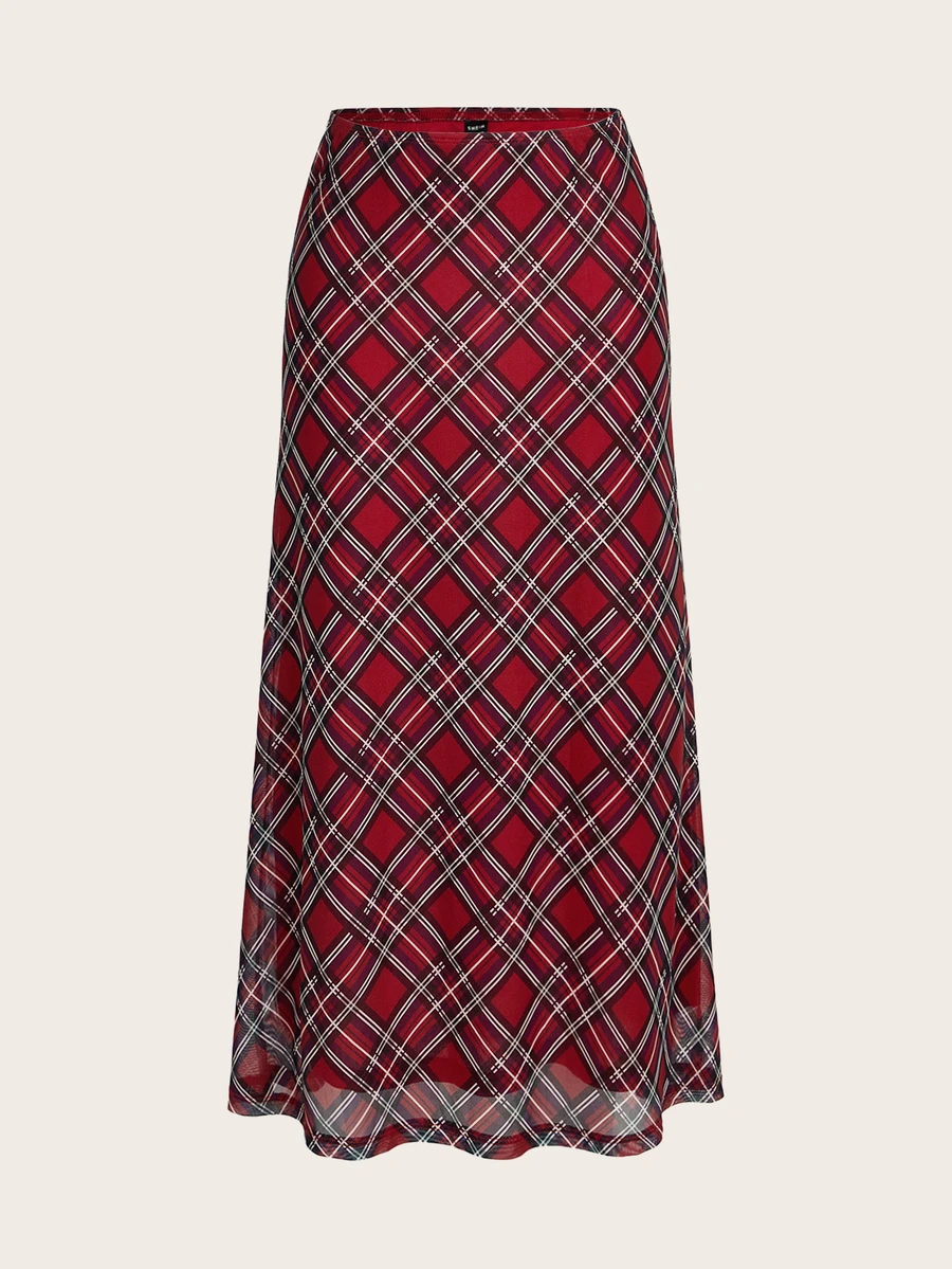 SHEIN x Luisa Sonza SHEIN Qutie 格紋印花網紗女裙 - 紅色 - 查看 1