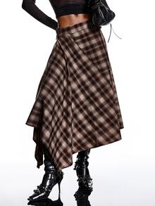 SHEIN x Luisa Sonza LYSMO 2025新款极简主义冬季女士棕色格子裹身不对称下摆时尚百搭半身裙，适合外出、休闲、圣诞节派对、新年等正式场合，秋季和冬季皆宜。 - 咖啡棕 - 查看 1