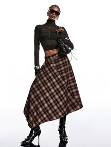 SHEIN x Luisa Sonza LYSMO 2025新款极简主义冬季女士棕色格子裹身不对称下摆时尚百搭半身裙，适合外出、休闲、圣诞节派对、新年等正式场合，秋季和冬季皆宜。 - 咖啡棕 - 查看 7