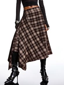 SHEIN x Luisa Sonza LYSMO 2025新款极简主义冬季女士棕色格子裹身不对称下摆时尚百搭半身裙，适合外出、休闲、圣诞节派对、新年等正式场合，秋季和冬季皆宜。 - 咖啡棕 - 查看 3