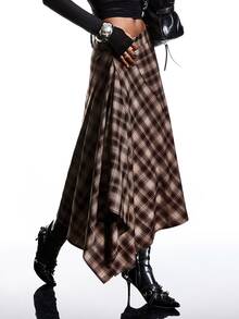 SHEIN x Luisa Sonza LYSMO 2025新款极简主义冬季女士棕色格子裹身不对称下摆时尚百搭半身裙，适合外出、休闲、圣诞节派对、新年等正式场合，秋季和冬季皆宜。 - 咖啡棕 - 查看 8