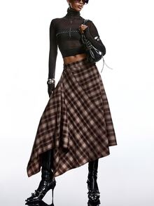 SHEIN x Luisa Sonza LYSMO 2025新款极简主义冬季女士棕色格子裹身不对称下摆时尚百搭半身裙，适合外出、休闲、圣诞节派对、新年等正式场合，秋季和冬季皆宜。 - 咖啡棕 - 查看 6