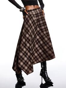 SHEIN x Luisa Sonza LYSMO 2025新款极简主义冬季女士棕色格子裹身不对称下摆时尚百搭半身裙，适合外出、休闲、圣诞节派对、新年等正式场合，秋季和冬季皆宜。 - 咖啡棕 - 查看 4