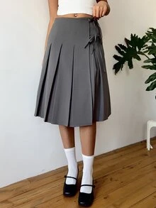 SHEIN EZwear 纯色蝴蝶结百褶裙，夏季女士度假外出日常穿着音乐节，简约通勤极简主义风格。 - 灰色 - 查看 4