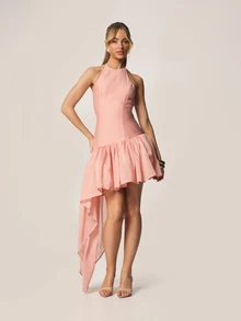 SHEIN x Luisa Sonza MISSGUIDED 露背荷叶边下摆高低不对称长款连衣裙，褶皱设计，适合夏季派对 - 藕粉色 - 查看 6