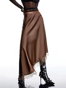 SHEIN x Luisa Sonza LYSMO 2025新款极简主义冬季女士棕色纯色不对称下摆撞色蕾丝优雅半身裙，缎面面料，饰以蕾丝，棕色，适合外出、派对、圣诞派对、新年派对、夏季等场合，优雅迷人。 - 咖啡棕 - 查看 5