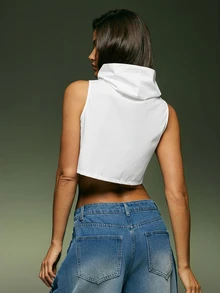 Denimoi Cropped Sleeveless Exaggerated Neck Top - White - View 3