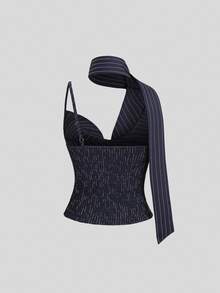 SHEIN x Luisa Sonza Sweetra Y2K 风格不对称条纹百搭通勤时尚吊带背心 - 藍色 - 查看 2