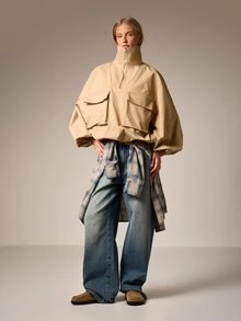 SHEIN x Luisa Sonza AiiRZ 女士宽松实用运动上衣，带风琴式胸袋、半拉链立领，轻便外套，休闲春秋夹克 - 卡其色 - 查看 3