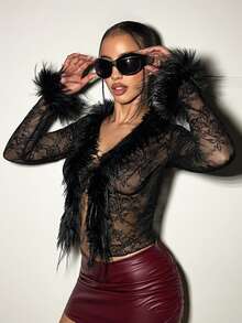 SHEIN x Luisa Sonza EgrlEra 女士性感蕾丝薄纱蓬松拼接系带腰上衣 Y2K - 黑色 - 查看 3
