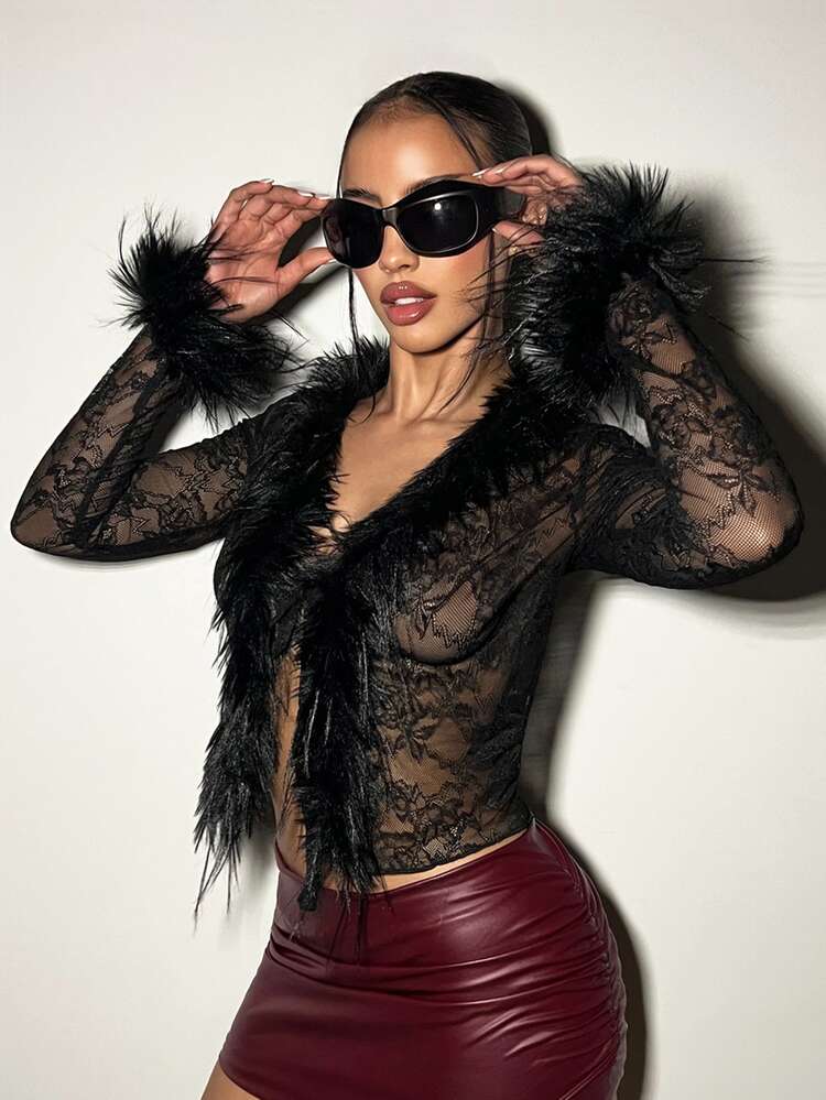 SHEIN x Luisa Sonza EgrlEra 女士性感蕾丝薄纱蓬松拼接系带腰上衣 Y2K - 黑色 - 查看 3