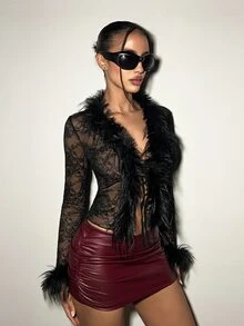 SHEIN x Luisa Sonza EgrlEra 女士性感蕾丝薄纱蓬松拼接系带腰上衣 Y2K - 黑色 - 查看 4