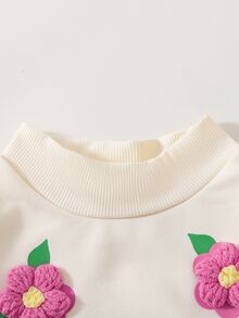 SHEIN 2件組女嬰休閒可愛3D花朵裝飾長袖上衣與喇叭褲套裝，適合春/秋/冬，戶外玩耍、日常穿著，舒適百搭 - 彩色 - 查看 3