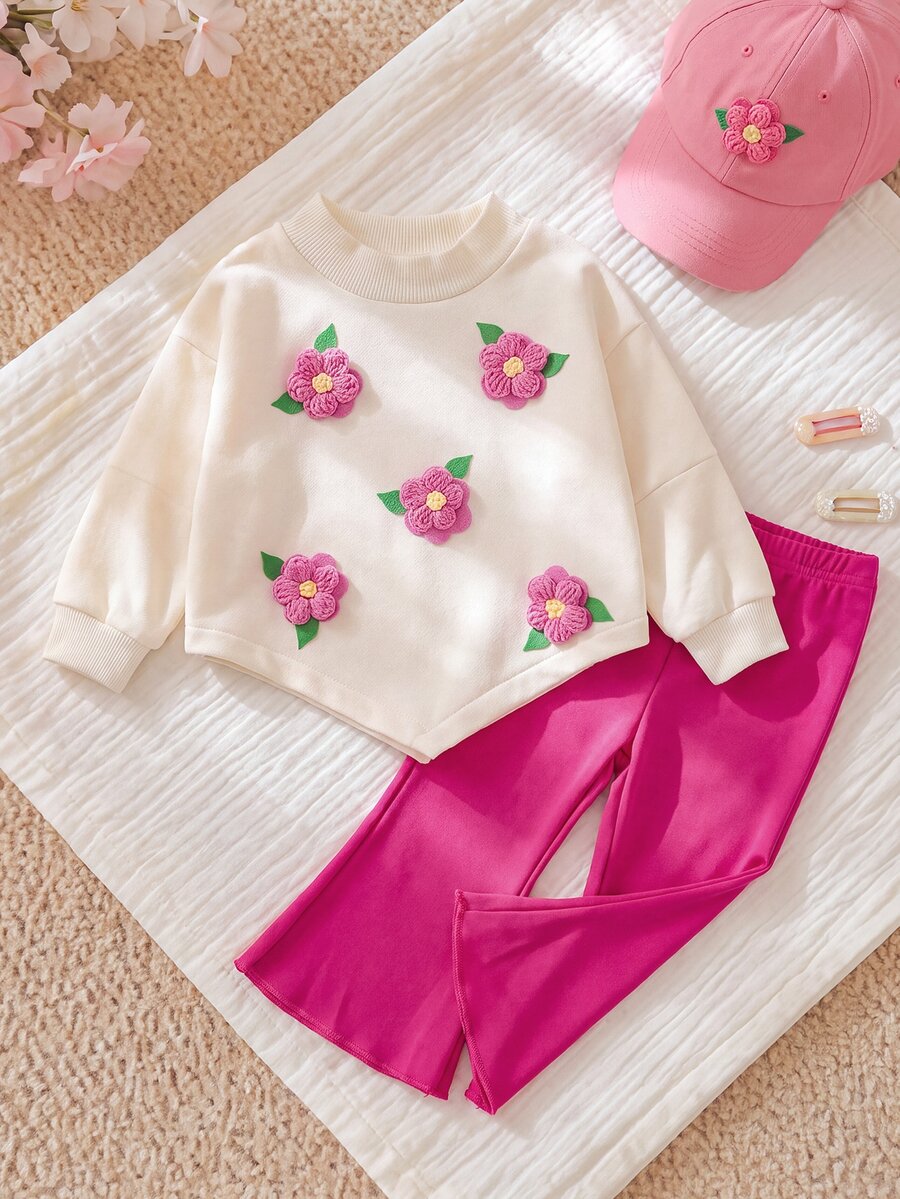 SHEIN 2件組女嬰休閒可愛3D花朵裝飾長袖上衣與喇叭褲套裝,適合春/秋/冬,戶外玩耍、日常穿著,舒適百搭 - 彩色 - 查看 1