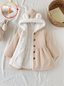 SHEIN Vintaside Kids 女嬰幼兒女童連帽荷葉邊外套，可愛甜美粉杏色熊耳燈芯絨百褶長袖加厚外套，鈕扣開襟，適合派對、冬季、聖誕、秋季 - 米色 - 查看 2