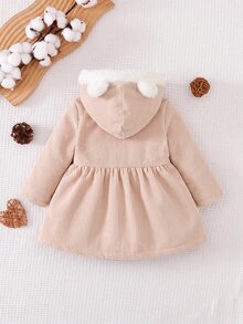 SHEIN Vintaside Kids 女嬰幼兒女童連帽荷葉邊外套，可愛甜美粉杏色熊耳燈芯絨百褶長袖加厚外套，鈕扣開襟，適合派對、冬季、聖誕、秋季 - 米色 - 查看 3