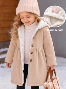 SHEIN Vintaside Kids 女嬰幼兒女童連帽荷葉邊外套，可愛甜美粉杏色熊耳燈芯絨百褶長袖加厚外套，鈕扣開襟，適合派對、冬季、聖誕、秋季 - 米色 - 查看 6