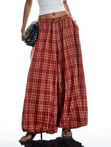 LYSMO Women's Plaid Casual Versatile Daily Lantern Pants - Red - View 6
