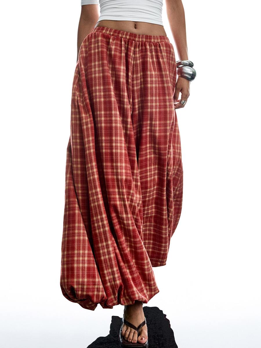 LYSMO Women's Plaid Casual Versatile Daily Lantern Pants - Red - View 1